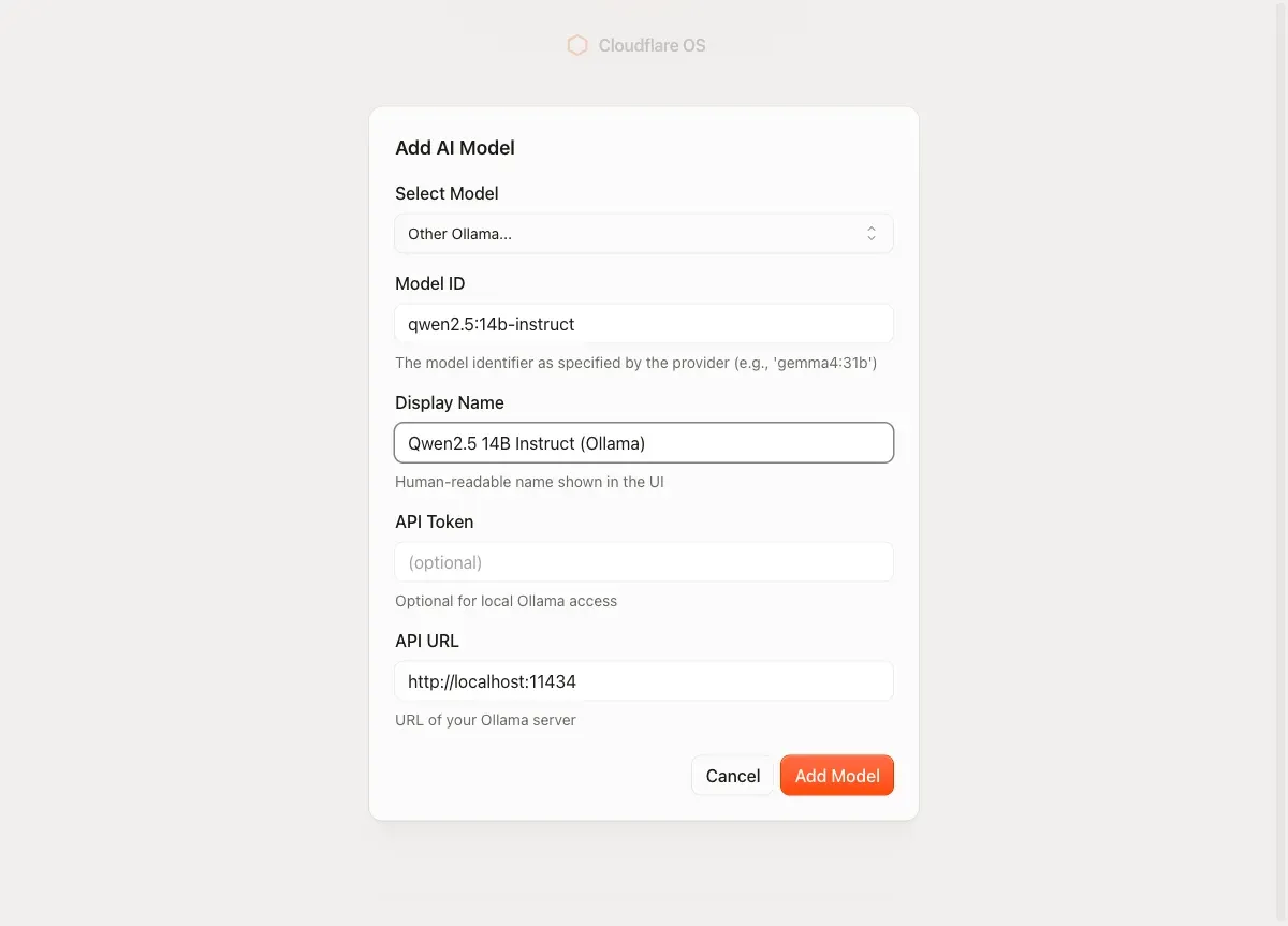 Add AI Modelダイアログ。OllamaのModel IDにqwen2.5:14b-instructを入力、API URLはhttp://localhost:11434が自動入力済み
