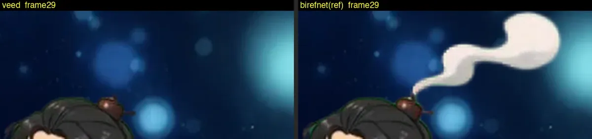 同じフレームを veed と birefnet で切り抜いて暗い背景に合成した比較。veed 側は頭上の湯気が消えていて、birefnet 側は渦巻きが残っている
